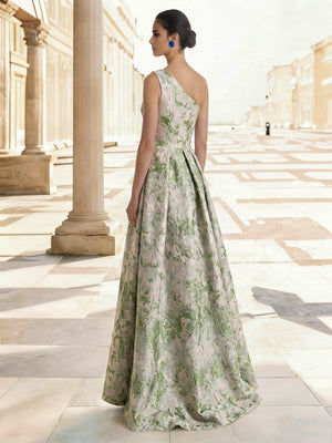 A-Line Evening Gown Elegant Jacquard Floral Dress Prom Floor Length Sleeveless One Shoulder with Slit Pocket Sage Wedding Guest Dress