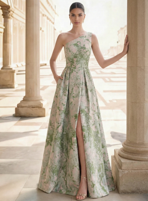 A-Line Evening Gown Elegant Jacquard Floral Dress Prom Floor Length Sleeveless One Shoulder with Slit Pocket Sage Wedding Guest Dress