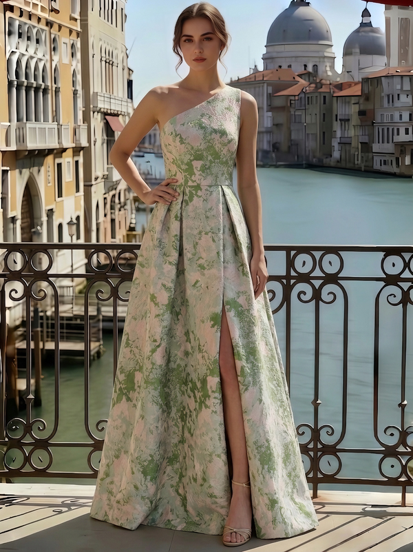 A-Line Evening Gown Elegant Jacquard Floral Dress Prom Floor Length Sleeveless One Shoulder with Slit Pocket Sage Wedding Guest Dress