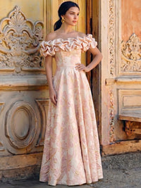 A-Line/Princess Evening Dress Luxury Baroque Off The Shoulder Jacquard Evening Gown Puff Sleeve Dress