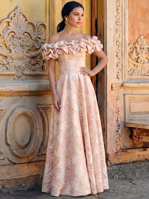 A-Line/Princess Evening Dress Luxury Baroque Off The Shoulder Jacquard Evening Gown Puff Sleeve Dress