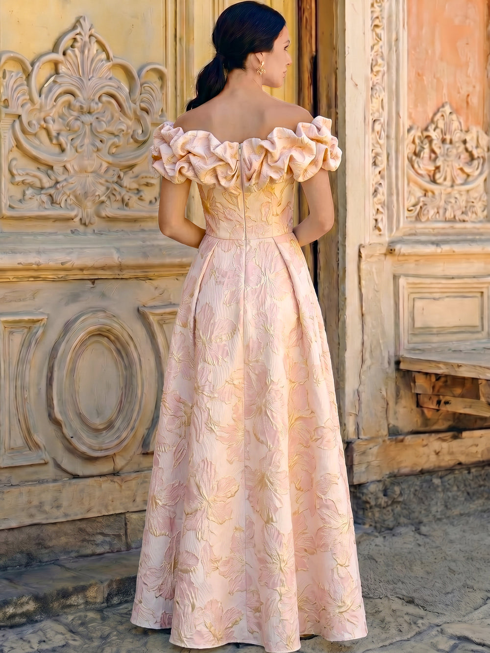 A-Line/Princess Evening Dress Luxury Baroque Off The Shoulder Jacquard Evening Gown Puff Sleeve Dress