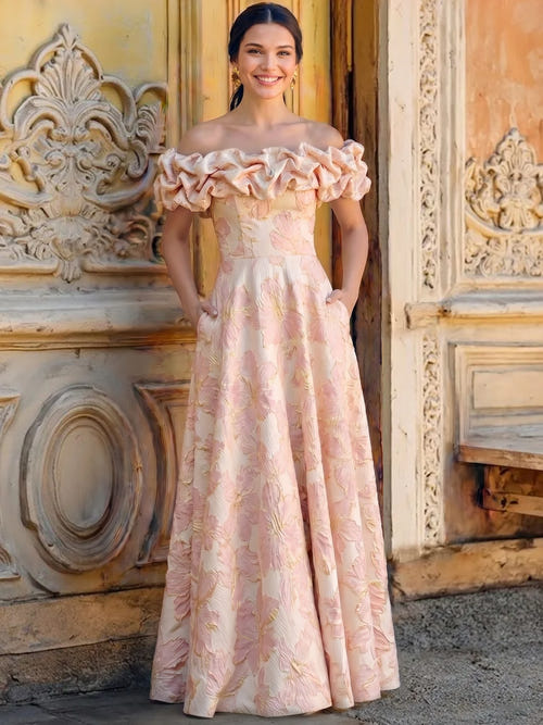 A-Line/Princess Evening Dress Luxury Baroque Off The Shoulder Jacquard Evening Gown Puff Sleeve Dress