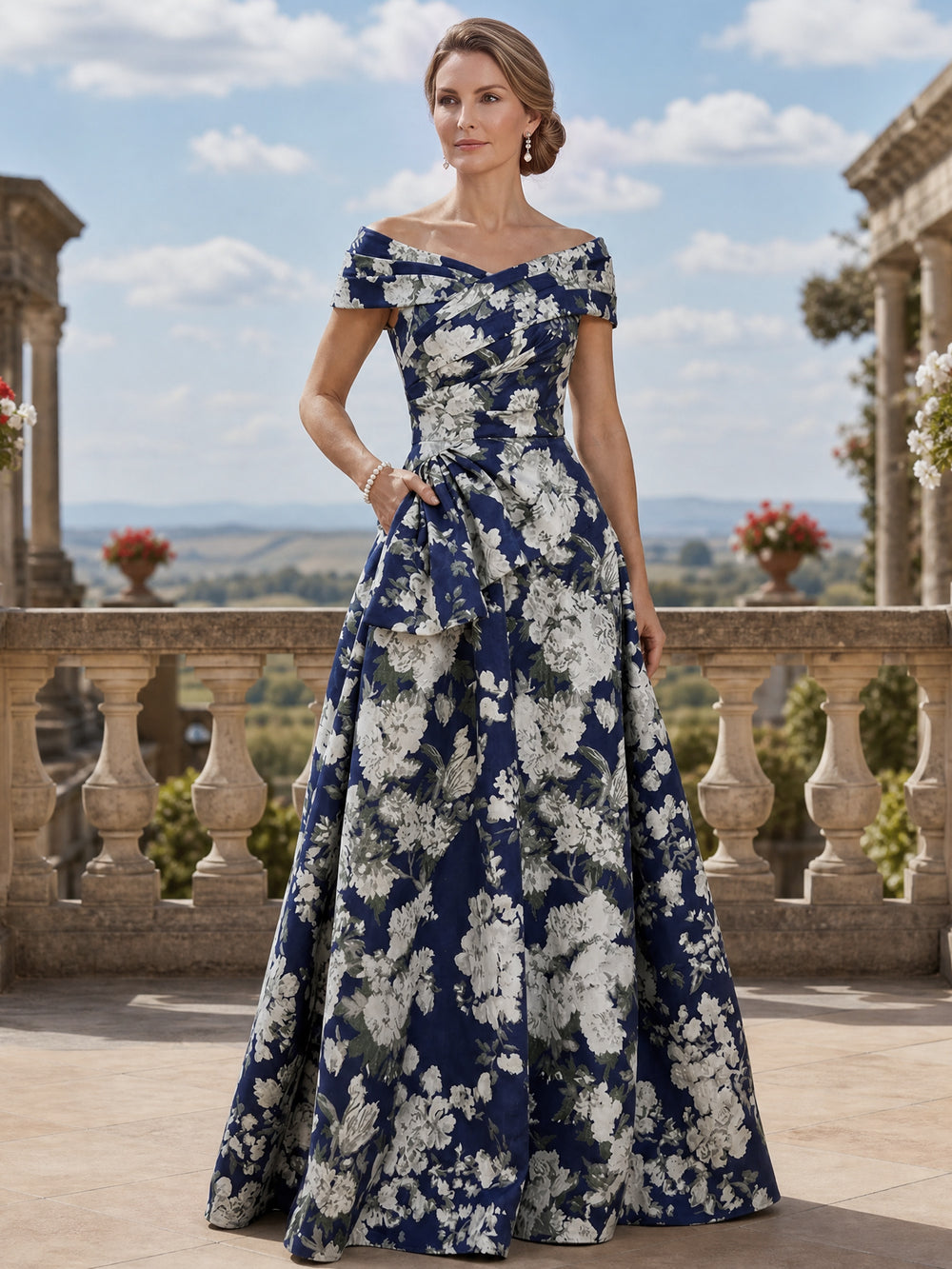 A-Line Mother Of The Bride Dresses Elegant Evening Dresses Jacquard Sleeveless Floor-Length Off-The-Shoulder Ruffles Wedding Guest