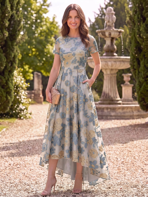 A-Line/Princess Mother Of The Bride Dresses Floral Emboridary Bateau Neck Short Sleeves Ankle-Length Formal Dresses With Pocket