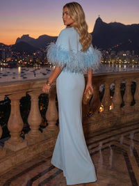 Sheath/Column Evening Dresses Cape Evening Gown Crew Neck Sleeveless Detachable With Feather Fur Cape