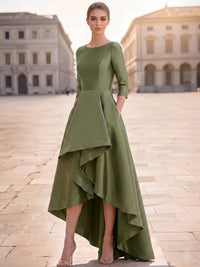 A Line Cocktail Dress Satin Olive Green Ankle High Low Length Elegant Dresses Formal Wedding Long Sleeve Dress