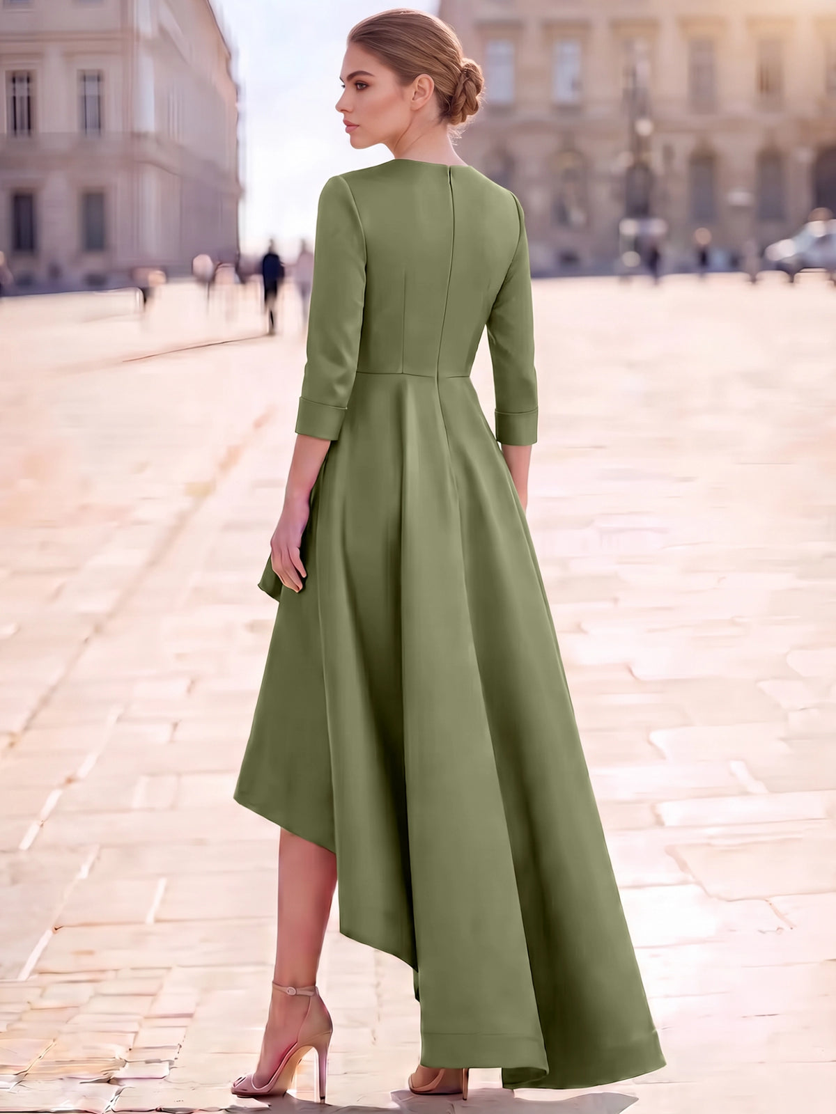 A Line Cocktail Dress Satin Olive Green Ankle High Low Length Elegant Dresses Formal Wedding Long Sleeve Dress
