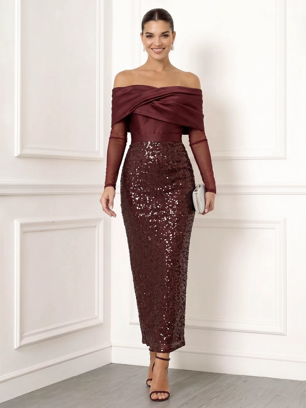 Sheath Cocktail Dresses Burgundy Elegant Sequins Boat Neck Satin Ankle Length Long Sleeves Sparkly Party Dress