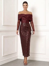 Sheath Cocktail Dresses Burgundy Elegant Sequins Boat Neck Satin Ankle Length Long Sleeves Sparkly Party Dress