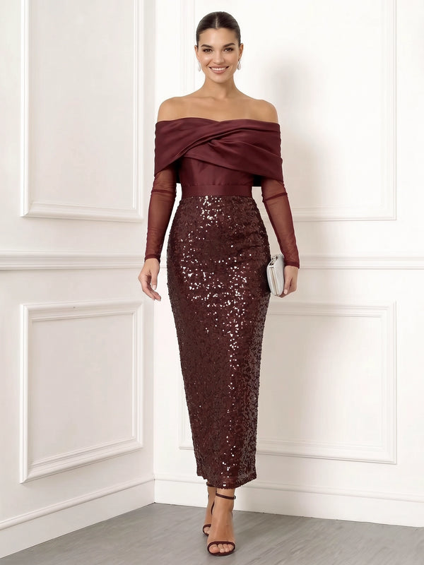 Sheath Cocktail Dresses Burgundy Elegant Sequins Boat Neck Satin Ankle Length Long Sleeves Sparkly Party Dress