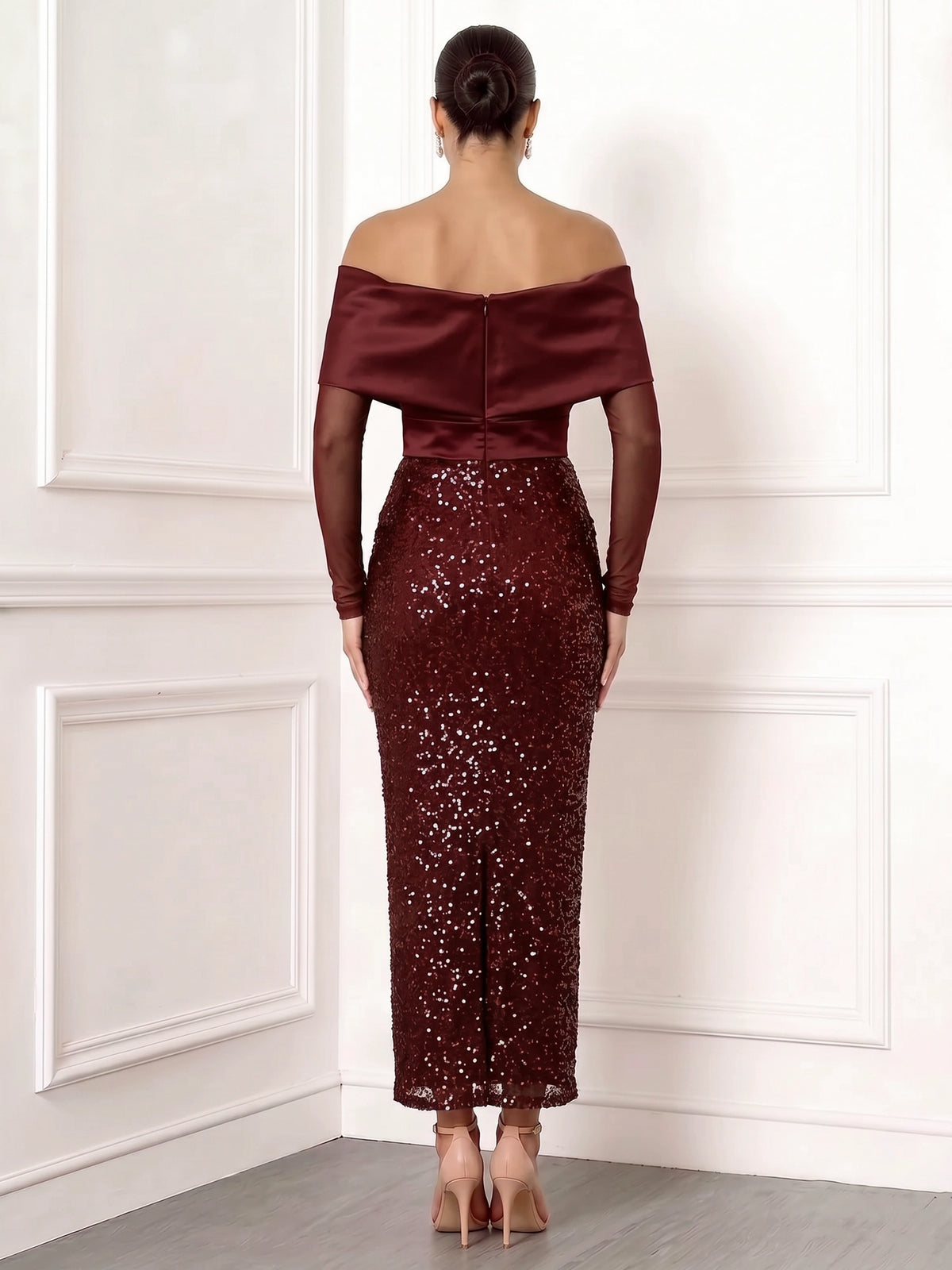 Sheath Cocktail Dresses Burgundy Elegant Sequins Boat Neck Satin Ankle Length Long Sleeves Sparkly Party Dress