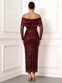 Sheath Cocktail Dresses Burgundy Elegant Sequins Boat Neck Satin Ankle Length Long Sleeves Sparkly Party Dress