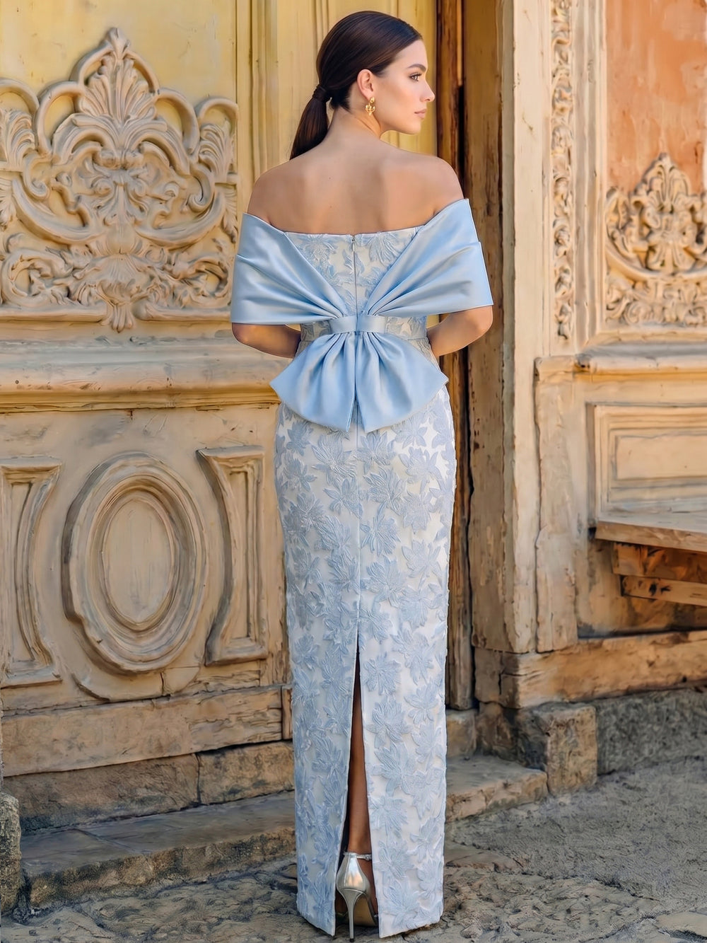 Sheath Evening Dress Luxury Baroque Off The Shoulder Jacquard Evening Gown With Back Slit Bowknot