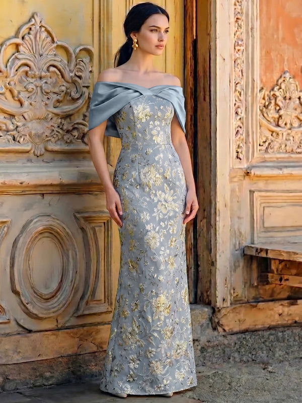 Sheath Evening Dress Luxury Baroque Off The Shoulder Jacquard Evening Gown With Back Slit Bowknot