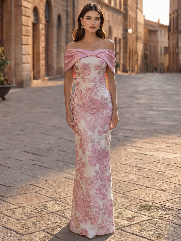 Sheath Evening Dress Luxury Baroque Off The Shoulder Jacquard Evening Gown With Back Slit Bowknot
