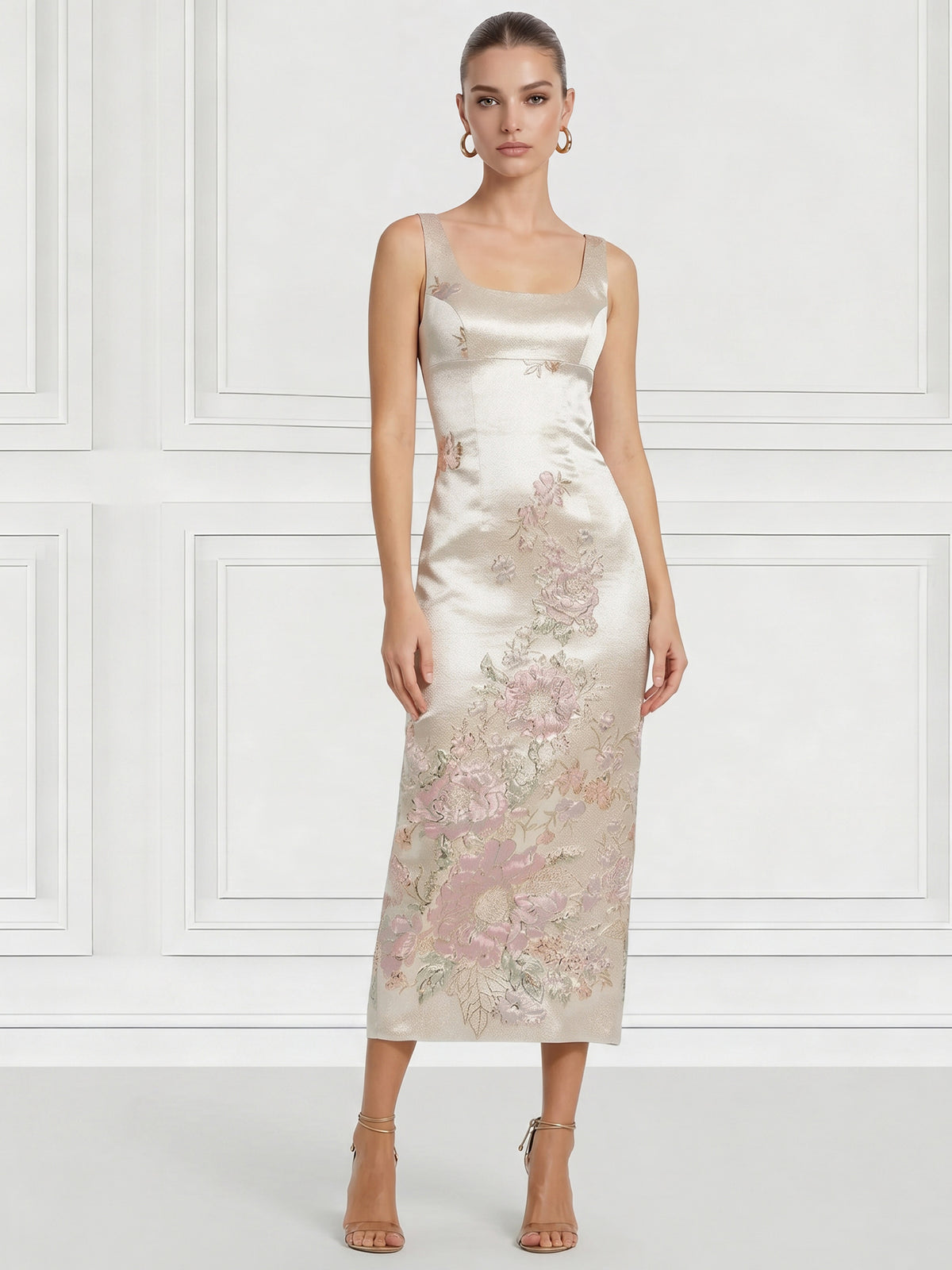 Sheath/Column Cocktail Dresses Floral Embroidery Tea-Length Sleeveless Square Neck Zipper Back Slit Wedding Guest