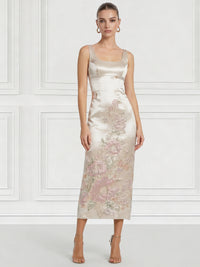 Sheath/Column Cocktail Dresses Floral Embroidery Tea-Length Sleeveless Square Neck Zipper Back Slit Wedding Guest