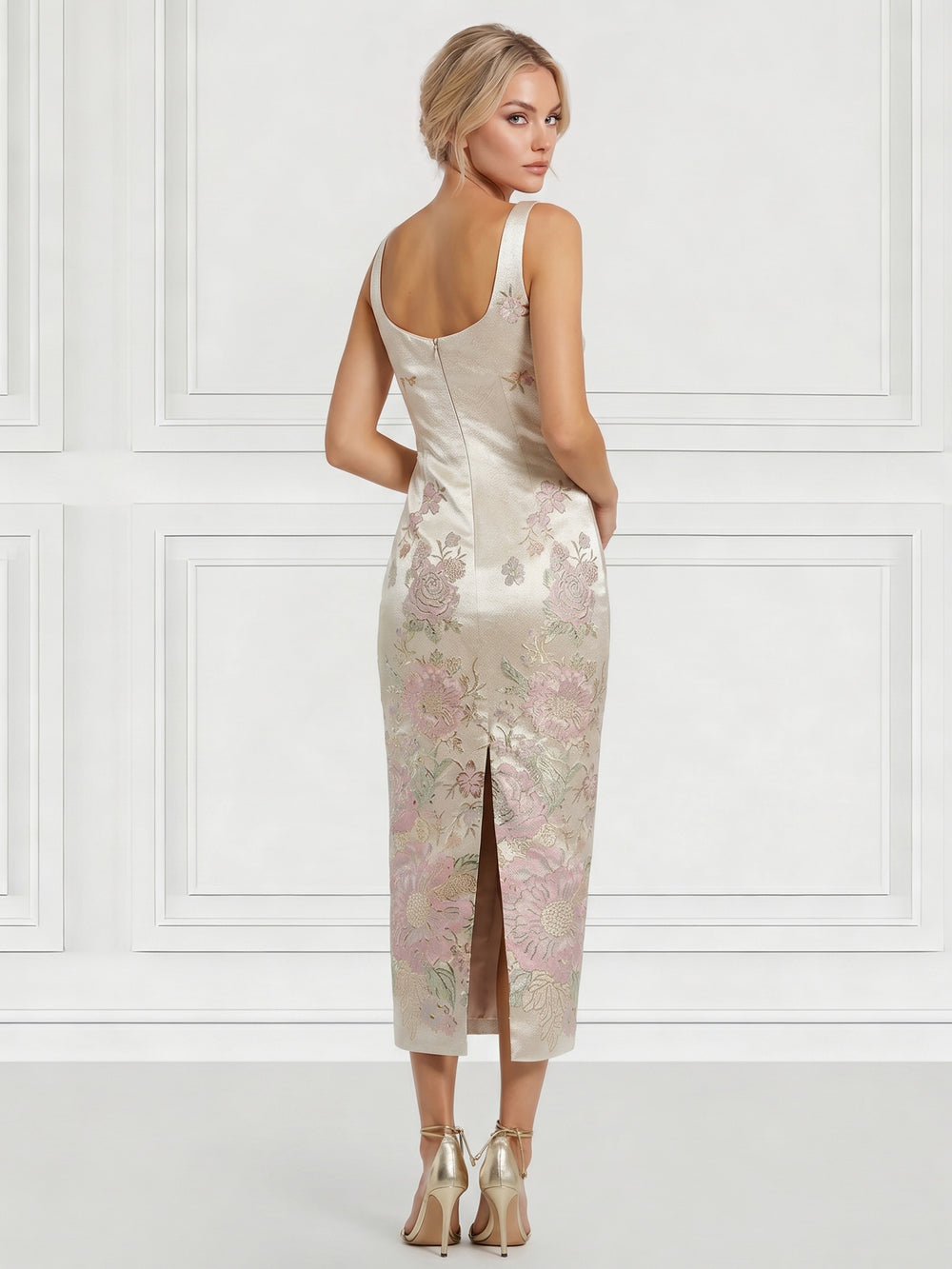 Sheath/Column Evening Dresses Cocktail Dresses Floral Embroidery Tea-Length Sleeveless Square Neck Zipper Back Slit Wedding Guest