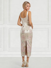 Sheath/Column Cocktail Dresses Floral Embroidery Tea-Length Sleeveless Square Neck Zipper Back Slit Wedding Guest