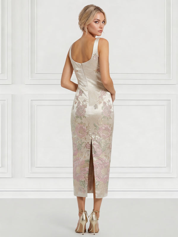 Sheath/Column Cocktail Dresses Floral Embroidery Tea-Length Sleeveless Square Neck Zipper Back Slit Wedding Guest