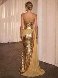 Mermaid Sequins Evening Dresses Formal Strapless Sleeveless Floor-Length Sparkle Sash With Chiffon Side Drape
