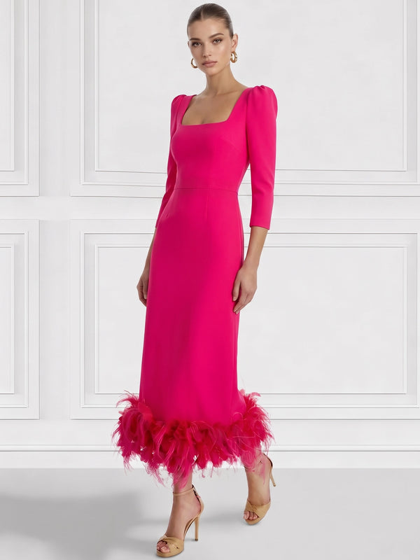 Sheath/Column Cocktail Dress Square Neck Long Sleeves Ankle Length Party Dance Cocktail Dress With Feathers Back Slit