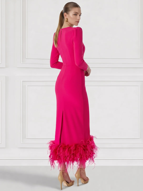 Sheath/Column Cocktail Dress Square Neck Long Sleeves Ankle Length Party Dance Cocktail Dress With Feathers Back Slit