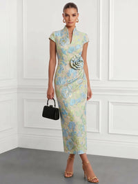 Sheath Cocktail Dresses Formal V Neck Collar Satin Jacquard Short Sleeves Tea Length with 3D Floral Back Slit