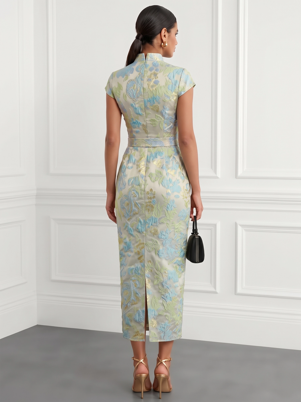 Sheath Cocktail Dresses Formal V Neck Collar Satin Jacquard Short Sleeves Tea Length with 3D Floral Back Slit