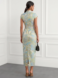 Sheath Cocktail Dresses Formal V Neck Collar Satin Jacquard Short Sleeves Tea Length with 3D Floral Back Slit