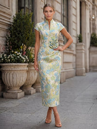 Sheath Cocktail Dresses Formal V Neck Collar Satin Jacquard Short Sleeves Tea Length with 3D Floral Back Slit