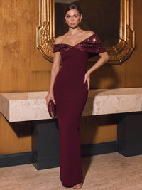 Sheath/Column Evening Dresses Burgundy Christmas Burgundy Sequins Off The Shoulder Floor Length Sleeveless Sparkly Party Dress