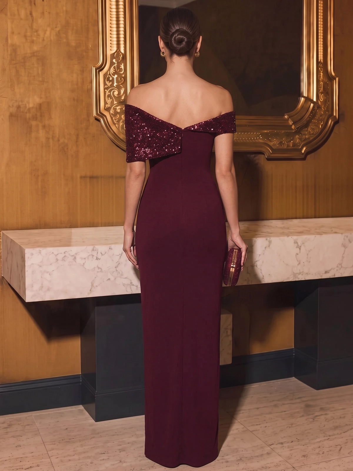 Sheath/Column Evening Dresses Burgundy Christmas Burgundy Sequins Off The Shoulder Floor Length Sleeveless Sparkly Party Dress