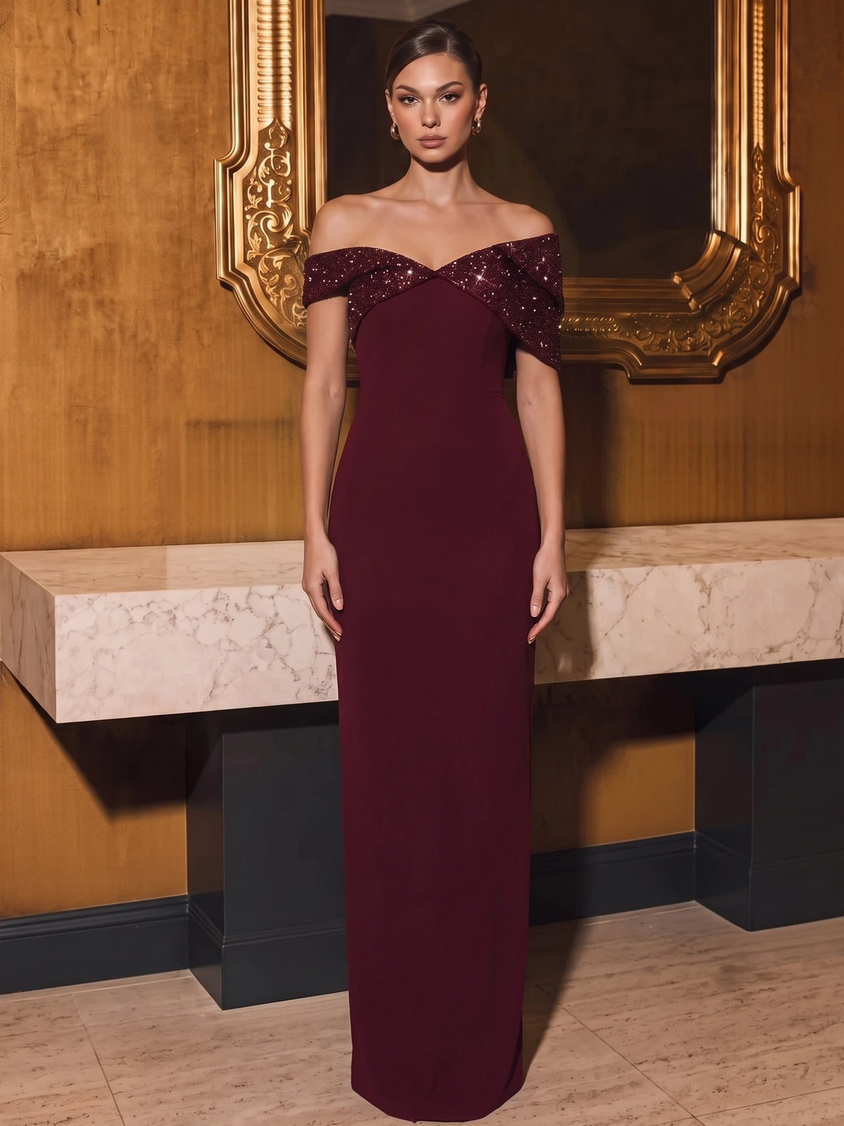 Sheath/Column Evening Dresses Burgundy Christmas Burgundy Sequins Off The Shoulder Floor Length Sleeveless Sparkly Party Dress