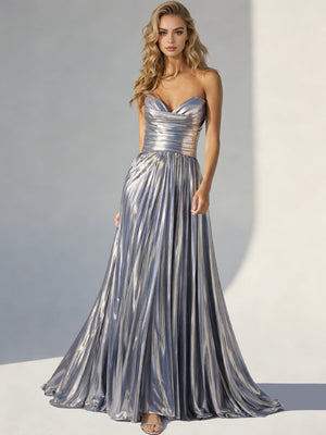 A-Line/Princess Prom Dresses Metallic Dress Sweetheart Neck Strapless Floor-length Sparkle Metallic Pleated Corset Evening Dress with Side Split