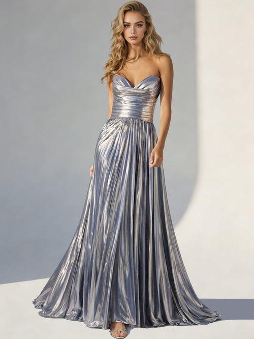 A-Line/Princess Prom Dresses Metallic Dress Sweetheart Neck Strapless Floor-length Sparkle Metallic Pleated Corset Evening Dress with Side Split