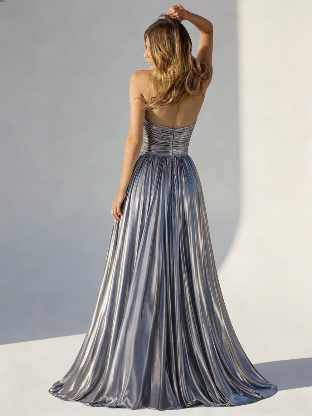 A-Line/Princess Prom Dresses Metallic Dress Sweetheart Neck Strapless Floor-length Sparkle Metallic Pleated Corset Evening Dress with Side Split