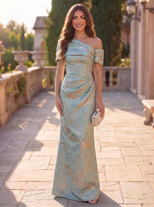 Sheath Evening Dress Luxury Baroque One Shoulder Jacquard Corset Ruched Evening Gown