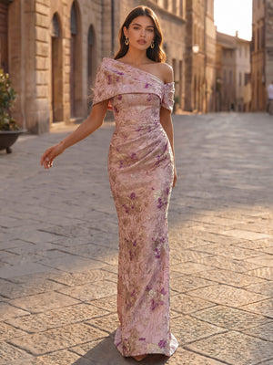 Sheath Evening Dress Luxury Baroque One Shoulder Jacquard Corset Ruched Evening Gown