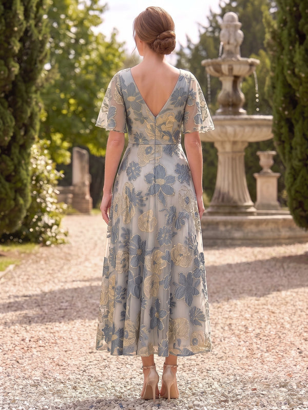 A-Line/Princess Mother Of The Bride Dresses Floral Embroidery Short Sleeves V Neck Ankle Length Zipper