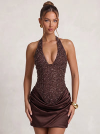 Sheath/Column Homecoming Dresses Sequins Halter Neck Sleeveless Sequins Runched Short Mini Summer Party Dress