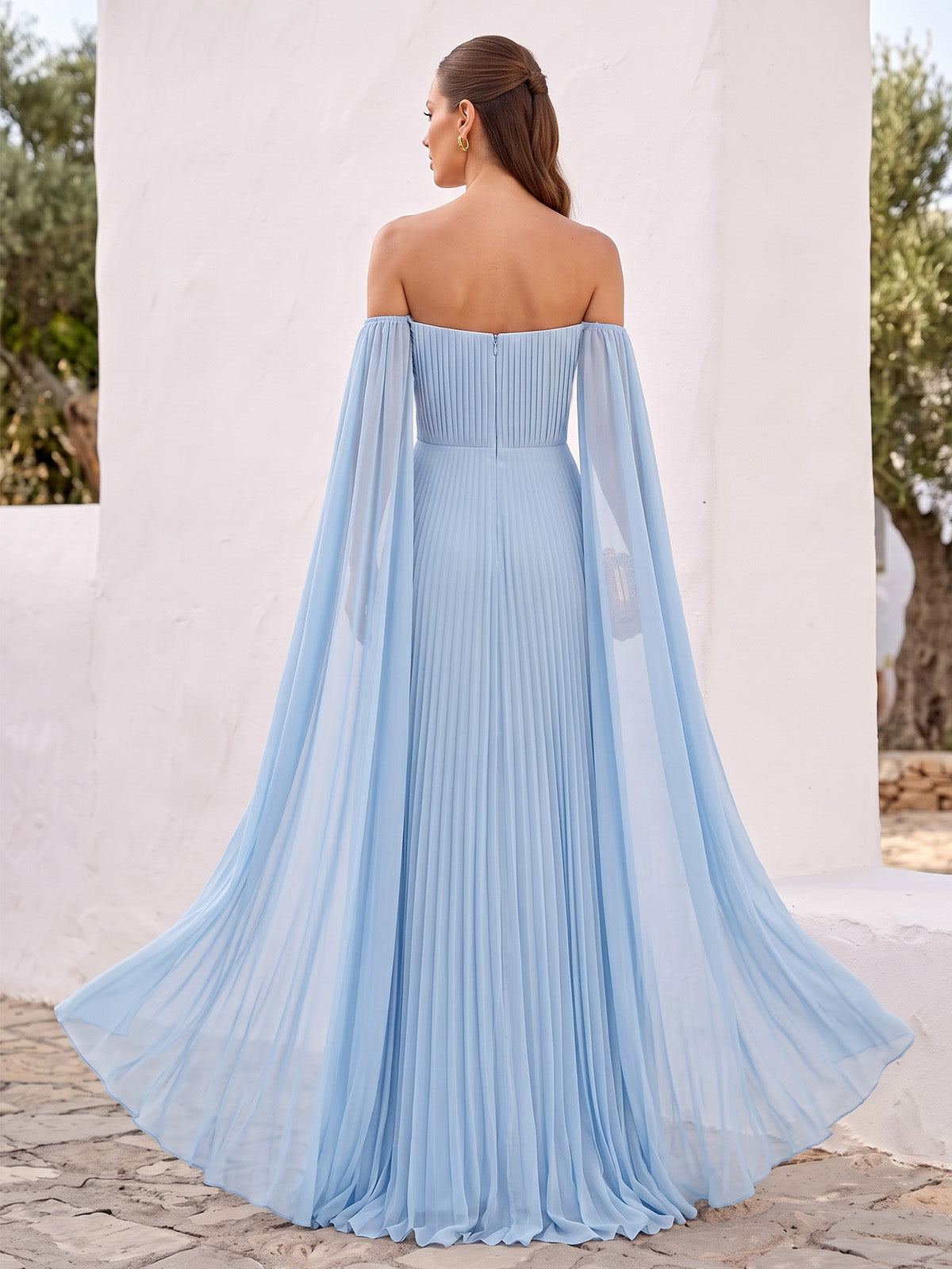 A-Line/Princess Formal Dresses Chiffon Off-The-Shoulder Cape Sleeves Floor-Length Pleated Evening Dresses Zipper
