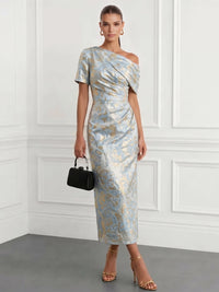 Sheath Cocktail Dress Elegant Jacquard Floral Dress Semi-Formal Dresses Tea Length One Shoulder Short Sleeves Wedding Guest Dress