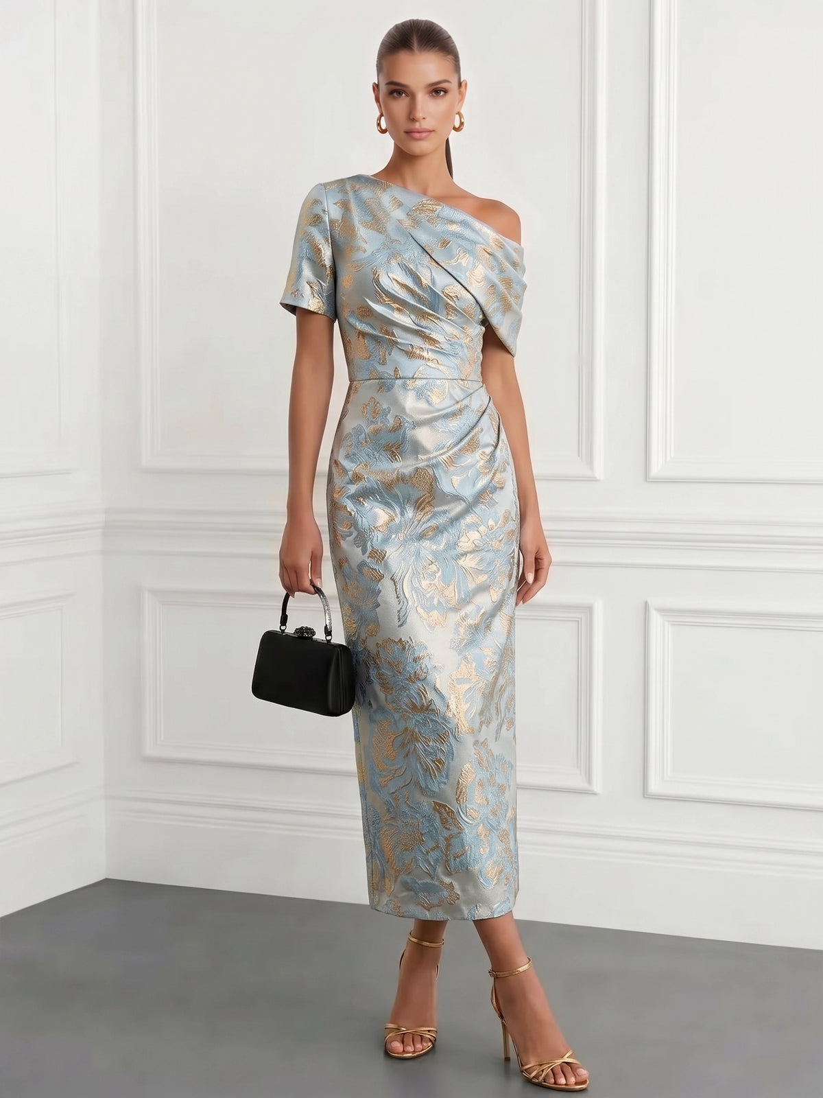 Sheath Cocktail Dress Elegant Jacquard Floral Dress Semi-Formal Dresses Tea Length One Shoulder Short Sleeves Wedding Guest Dress