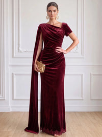 Sheath Velvet Evening Gown Burgundy Dresses Floor Length One Shoulder Short Sleeves Runched Formal Wedding Guest Dress With Side Drape