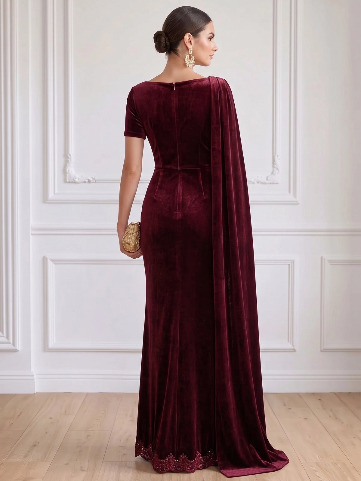 Sheath Velvet Evening Gown Burgundy Dresses Floor Length One Shoulder Short Sleeves Runched Formal Wedding Guest Dress With Side Drape