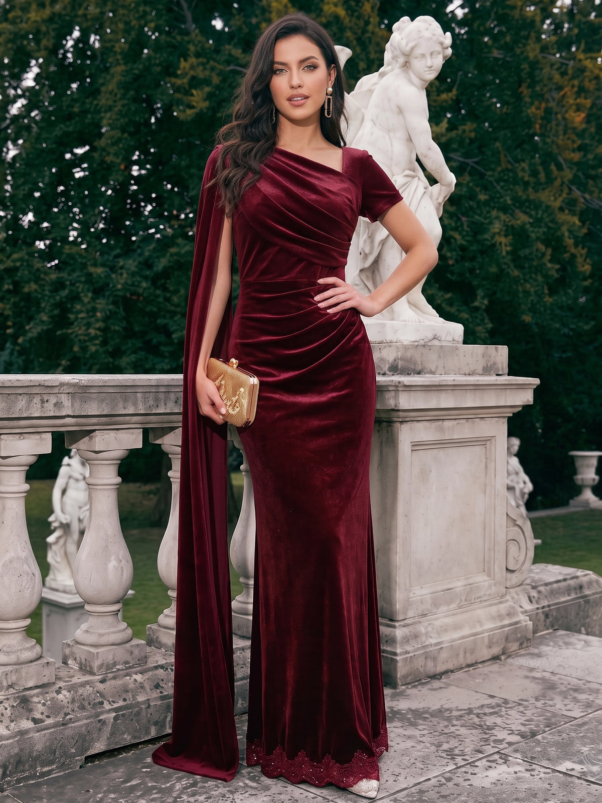 Sheath Velvet Evening Gown Burgundy Dresses Floor Length One Shoulder Short Sleeves Runched Formal Wedding Guest Dress With Side Drape