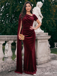 Sheath Velvet Evening Gown Burgundy Dresses Floor Length One Shoulder Short Sleeves Runched Formal Wedding Guest Dress With Side Drape