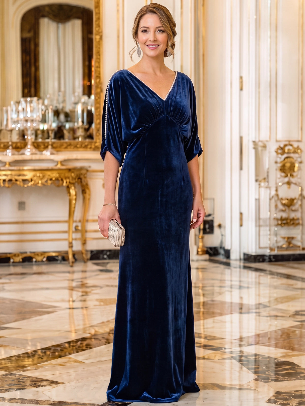Sheath Velvet Evening Gown Mother Of The Bride Dresses Floor Length V Neck Royal Blue Long Sleeves Royal Blue Sequins Formal Wedding Guest Dress With Pearl